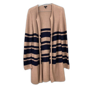 Talbots Duster Cardigan Sweater women’s size L beige Navy Open Front Long Sleeve